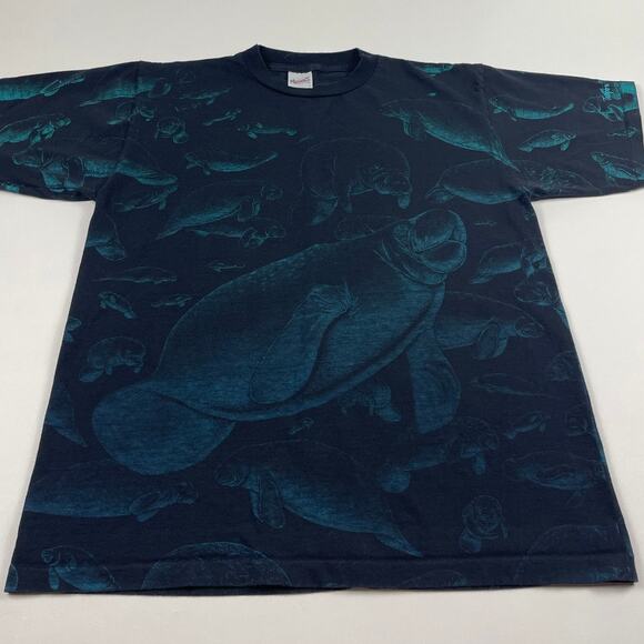 Vintage Manatee Widllife Ocean Animal All Over Print Black Shirt Size Large - Picture 7 of 9
